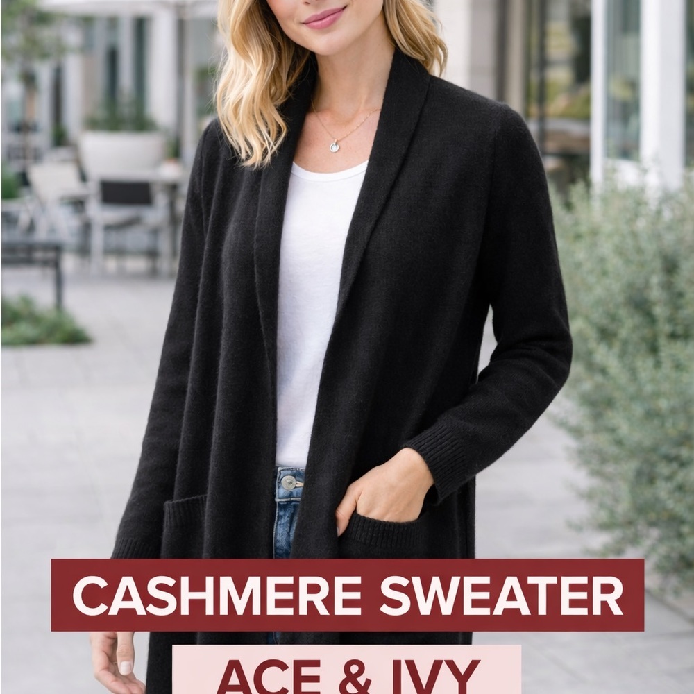 Ace Ivy Cashmere Cardigan Open Front Black Sweater Size M